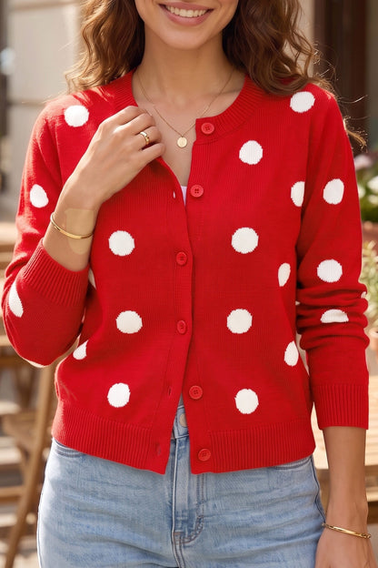 Bluing Casual Polka Dot Button Front Long Sleeve Sweater Cardigan