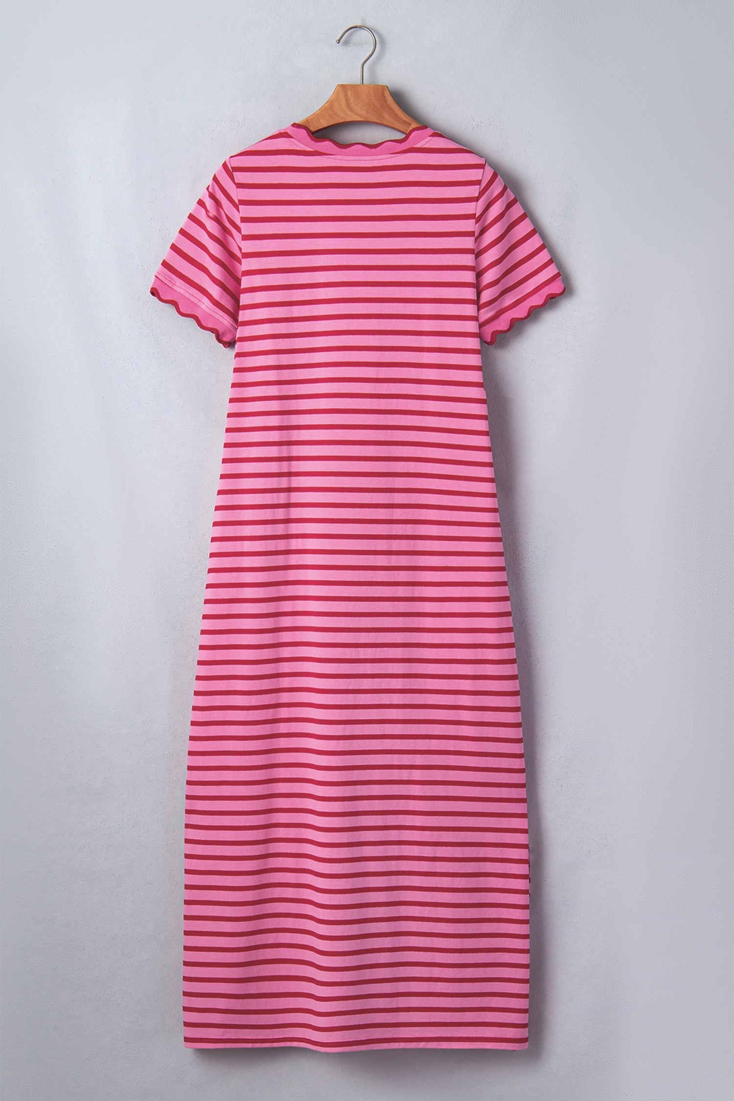 Rose Stripe Striped Short Sleeve Scalloped Trim Side Slit T-Shirt Dress