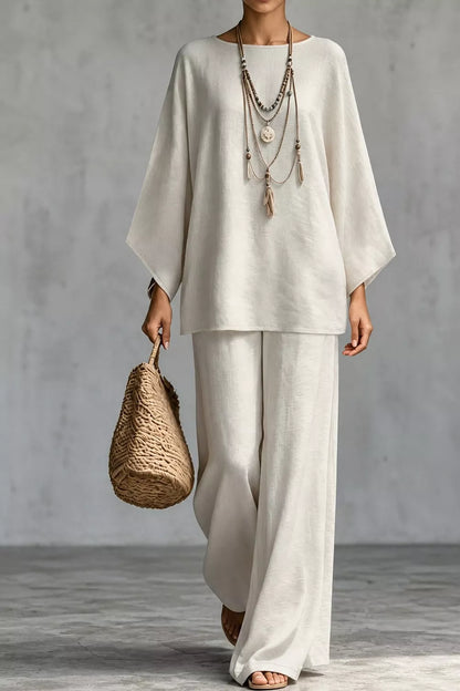 Linen Boat Neck Top and Wide-Leg Pants Set