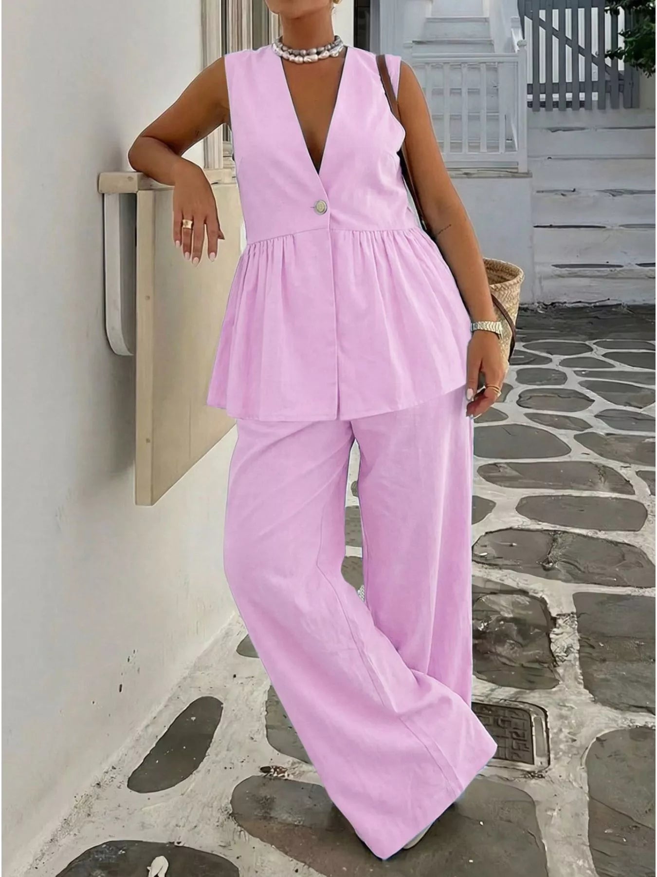 V-Neck Sleeveless Peplum Top and Wide-Leg Pants Set