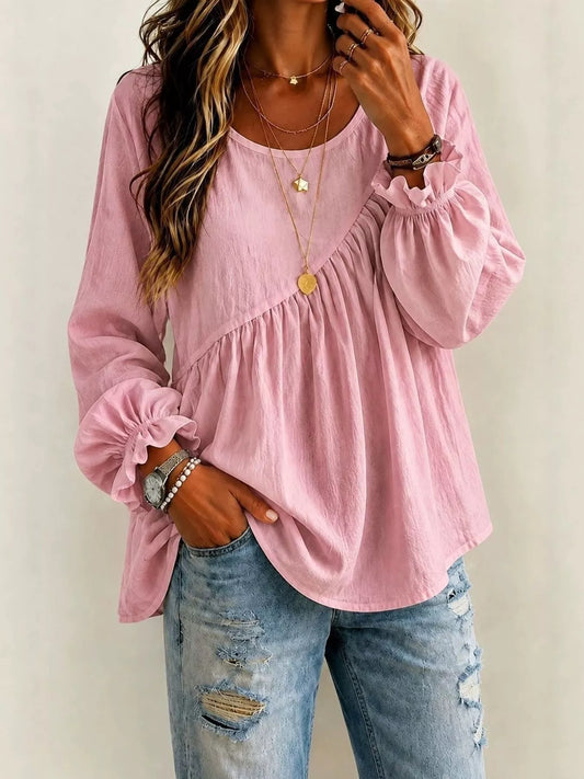 Long Sleeve Blouse with Asymmetric Pleated Detail