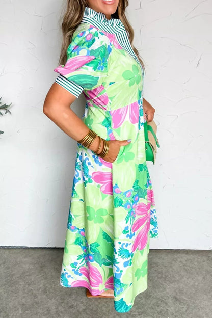 Floral Print Button-Up Midi Dress with Puff Sleeves