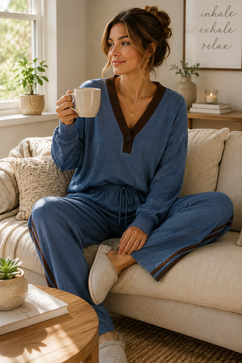 Contrast V-Neck Top and Striped Pants Set | Diva USA