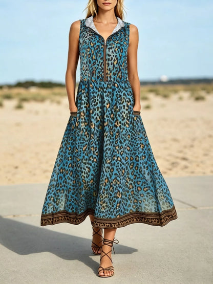 Leopard Zip Front Hooded Dress