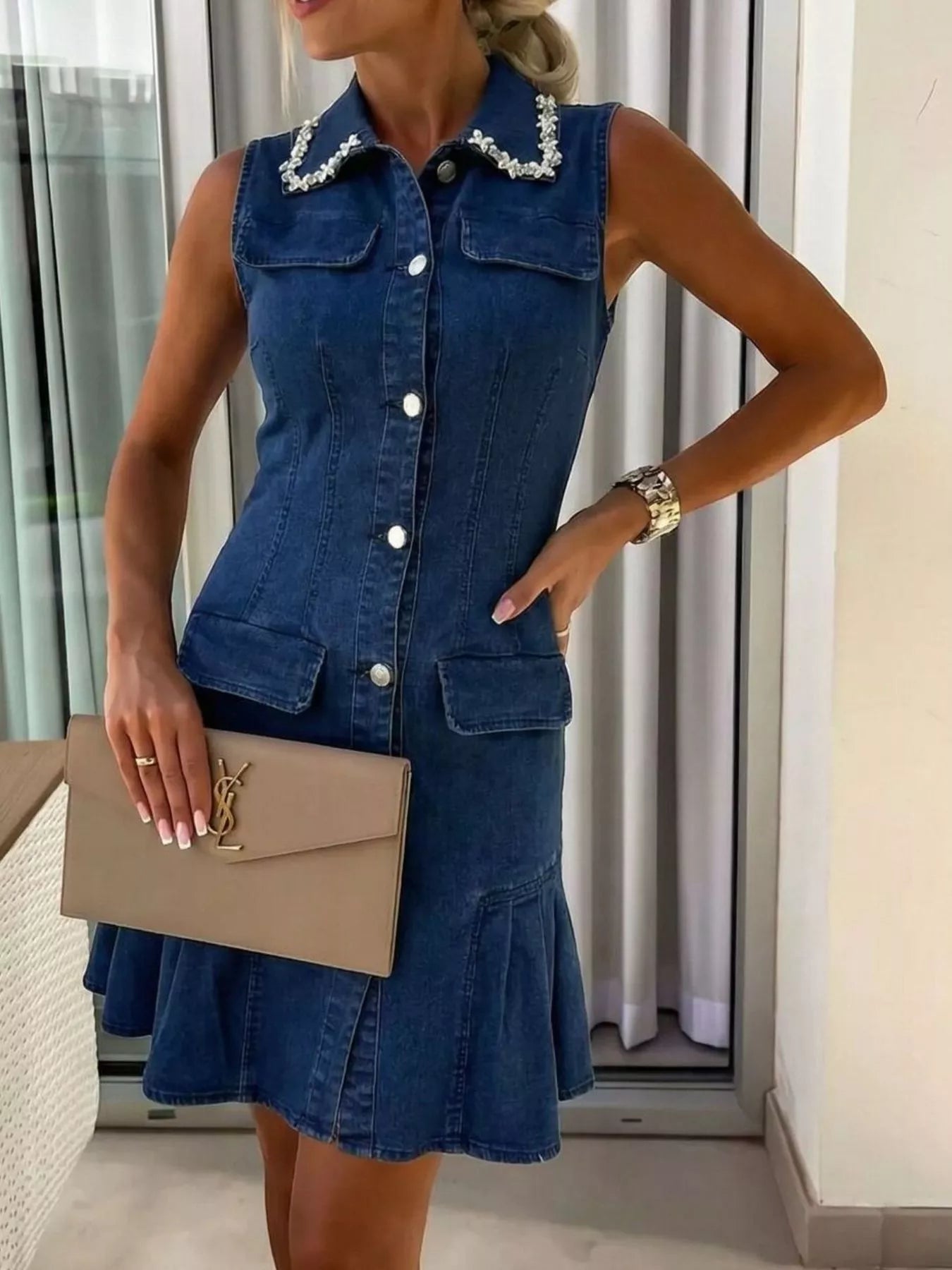 Ruffle Hem Sleeveless Denim Dress