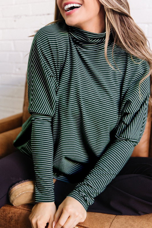 Green Stripe High Neck Dropped Shoulder Long Sleeve Casual Top