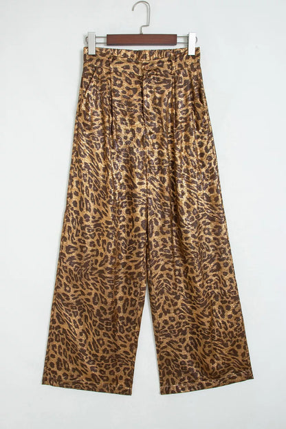 Multicolour Leopard Print Western Style Wide Leg Full Length Pants