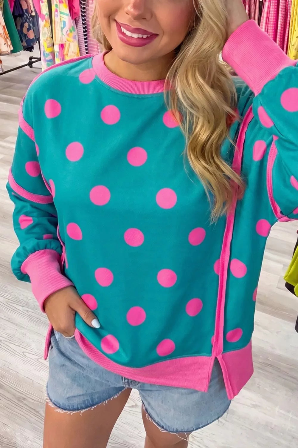 Polka Dot Contrast Patchwork Round Neck Baggy Sweatshirt
