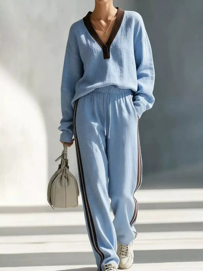 Contrast V-Neck Top and Striped Pants Set | Diva USA