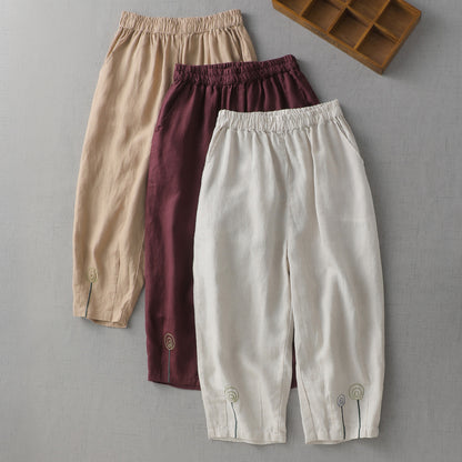 Cotton and linen cropped elastic waist casual pants