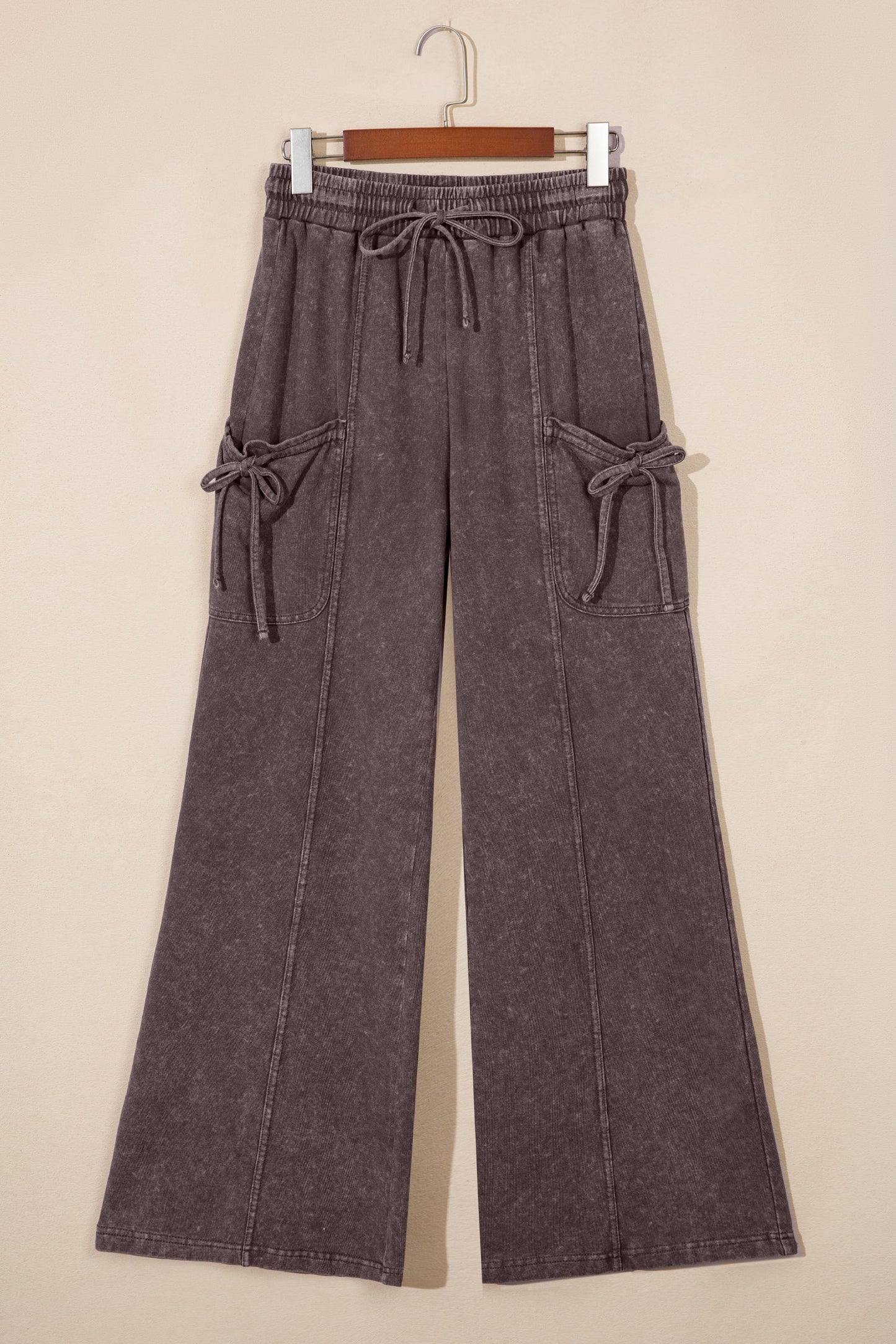Dark Brown Cotton Mineral Wash Elastic Waist Drawstring Tie Detail Cargo Pants