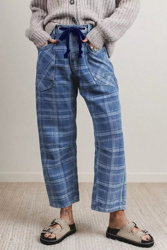 Plaid Denim Grommet Drawstring Waist Ankle-Length Jeans