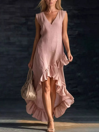 Full Size Ruffled Asymmetrical Hem V-Neck Sleeveless Dress Plus Size