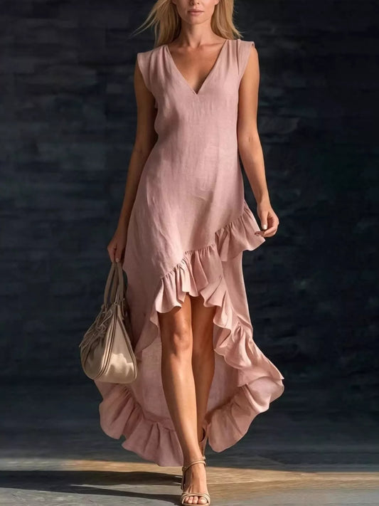 Full Size Ruffled Asymmetrical Hem V-Neck Sleeveless Dress Plus Size