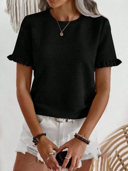 Textured Ruffle Sleeve Round Neck T-Shirt