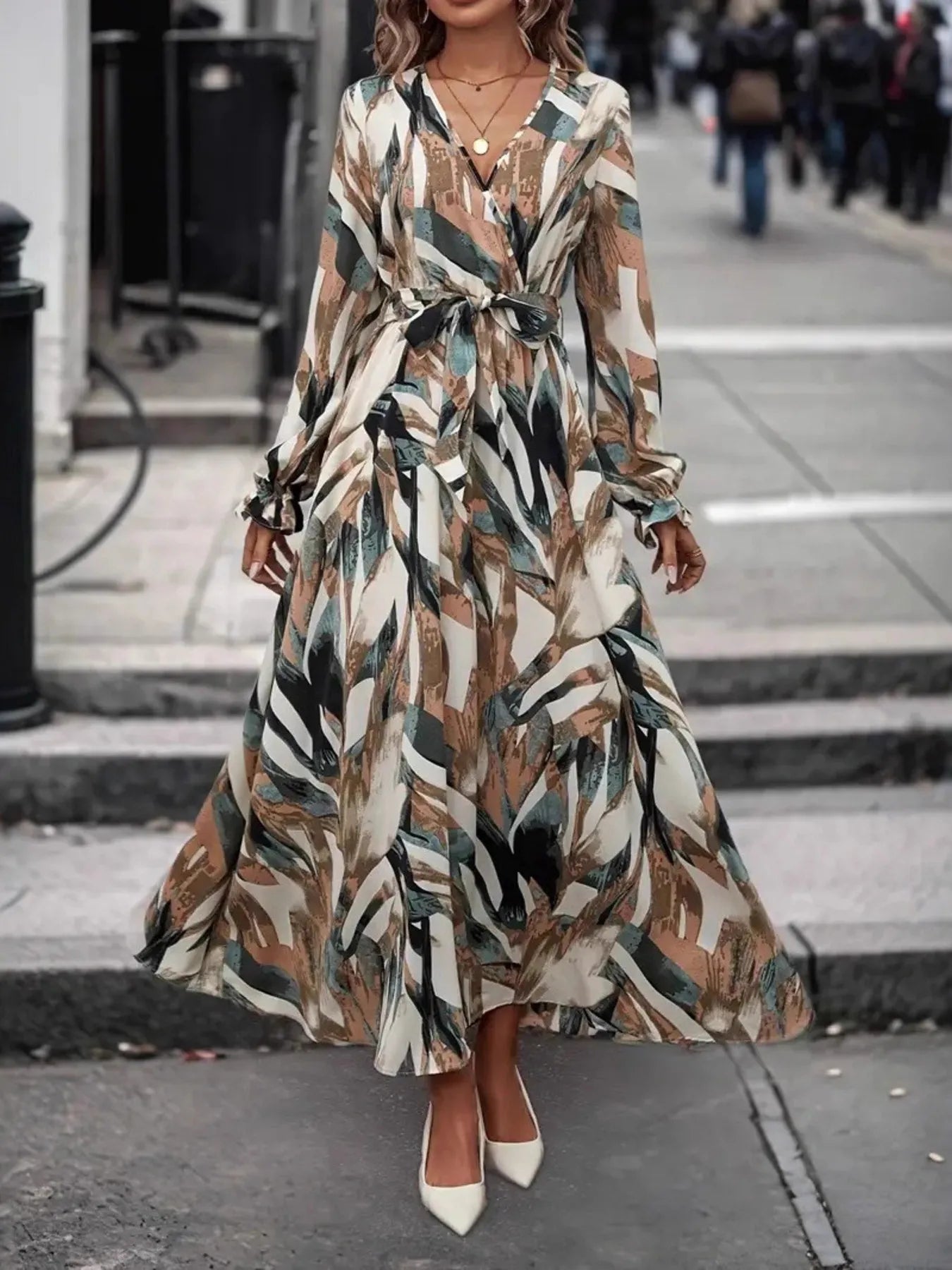 Printed Surplice Flounce Sleeve Maxi Dress
