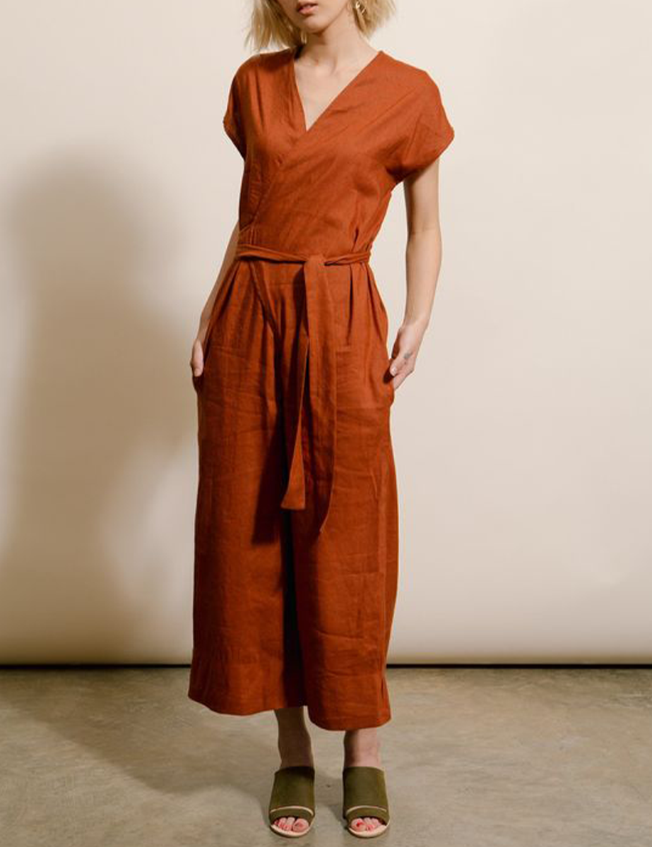 Vintage Wide Leg Linen Wrap Jumpsuit