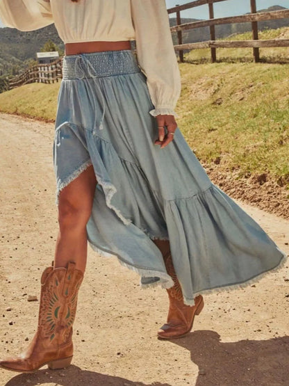 High-Low Frayed Hem Denim Skirt