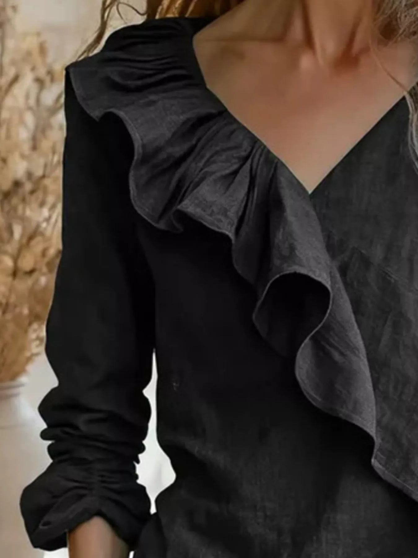 V-Neck Ruffled Long Sleeve Blouse