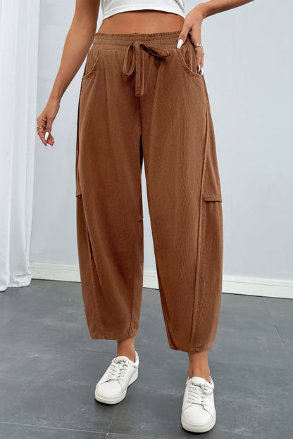 Coffee Corduroy Elastic Waist Drawstring Cargo Pants