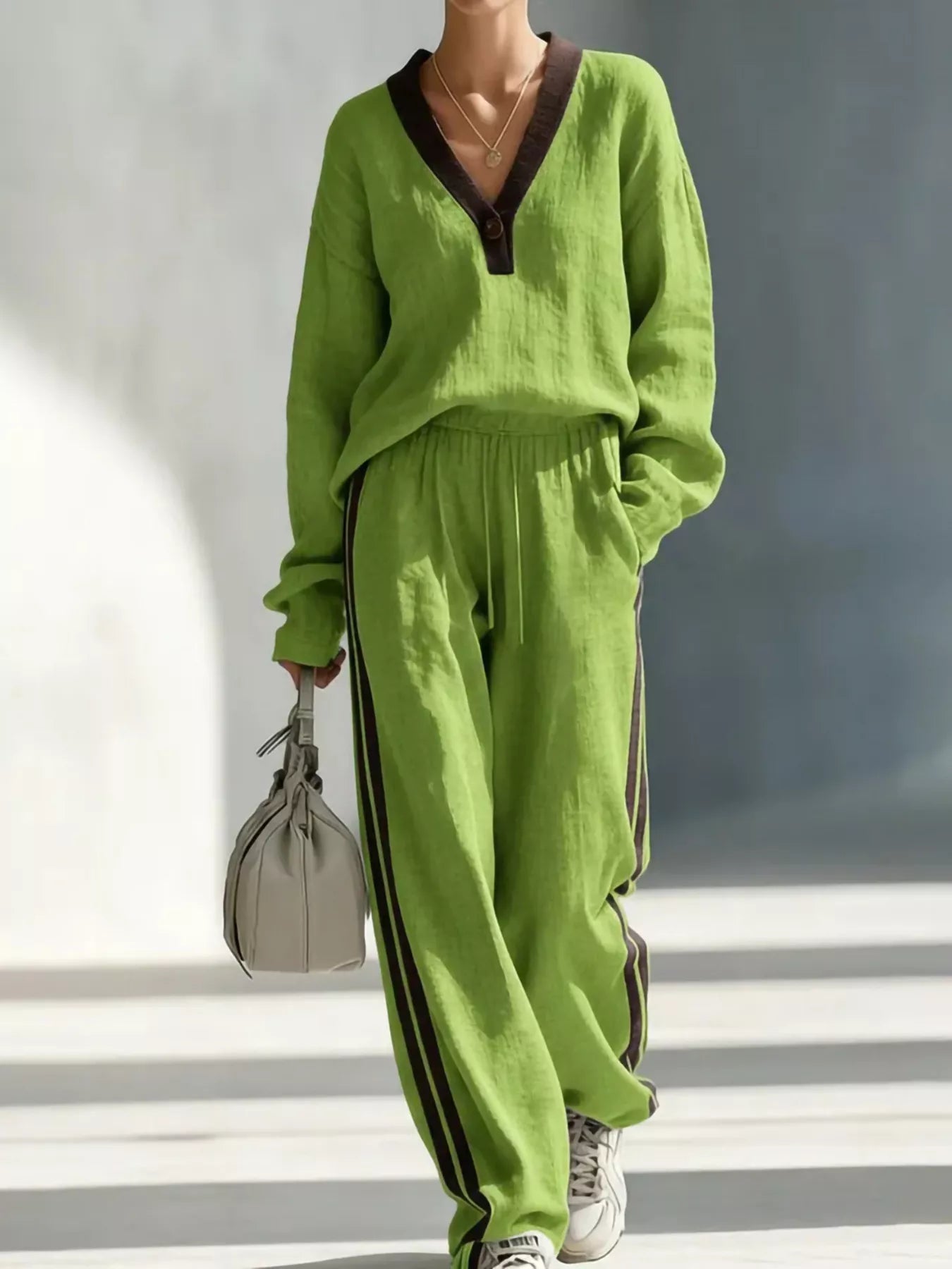 Contrast V-Neck Top and Striped Pants Set | Diva USA
