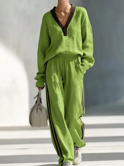 Contrast V-Neck Top and Striped Pants Set | Diva USA