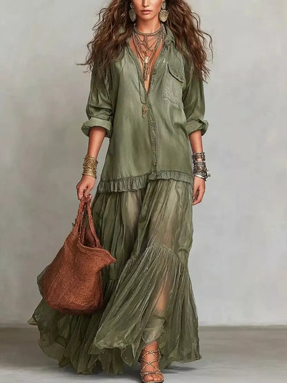 Full Size Tiered Long Sleeve Denim Shirt Maxi Dress Plus Size