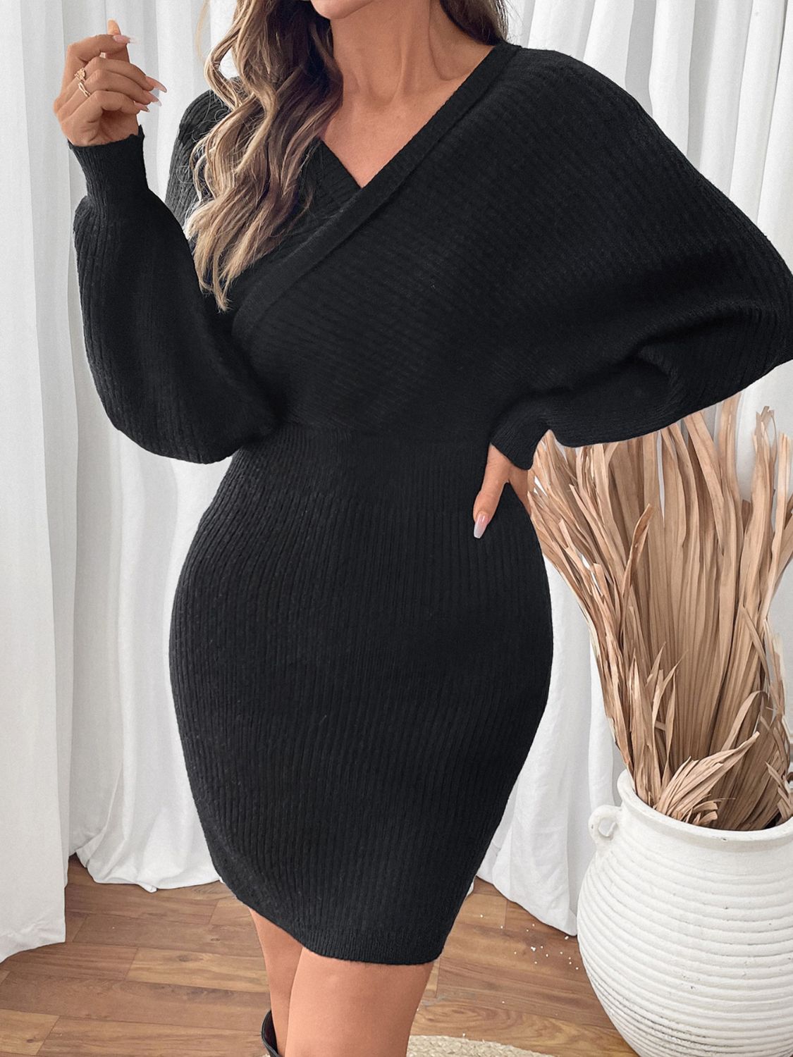 | Perfee Surplice Long Sleeve Sweater Dress