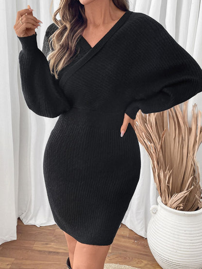 | Perfee Surplice Long Sleeve Sweater Dress