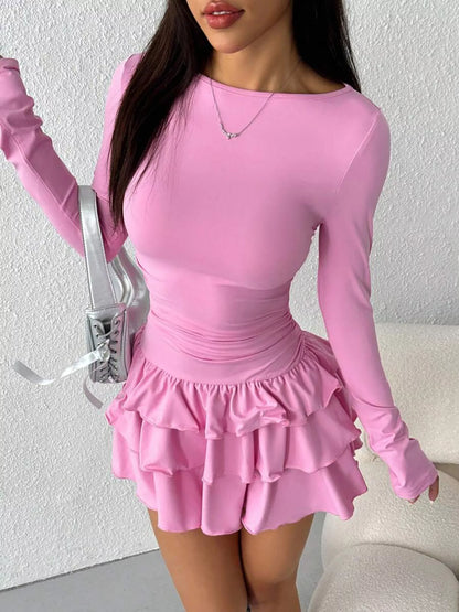 Elara's Ruched Long Sleeve Layered Ruffle Mini Dress