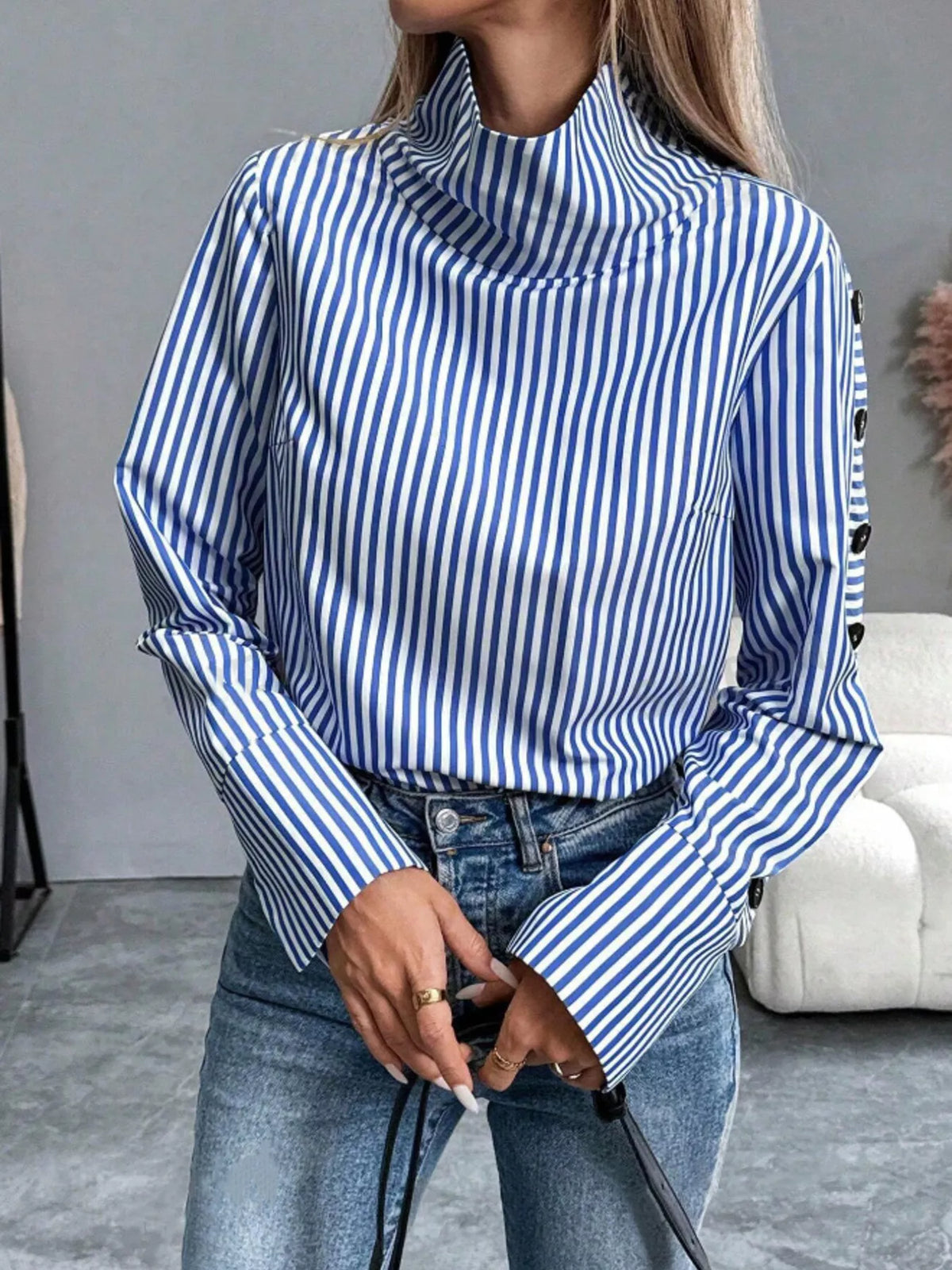 Striped Turtleneck Long Sleeve Blouse