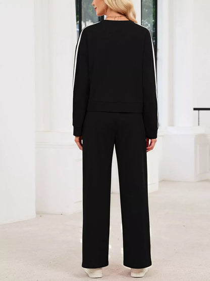 Striped Round Neck Sweatshirt and Pants Set