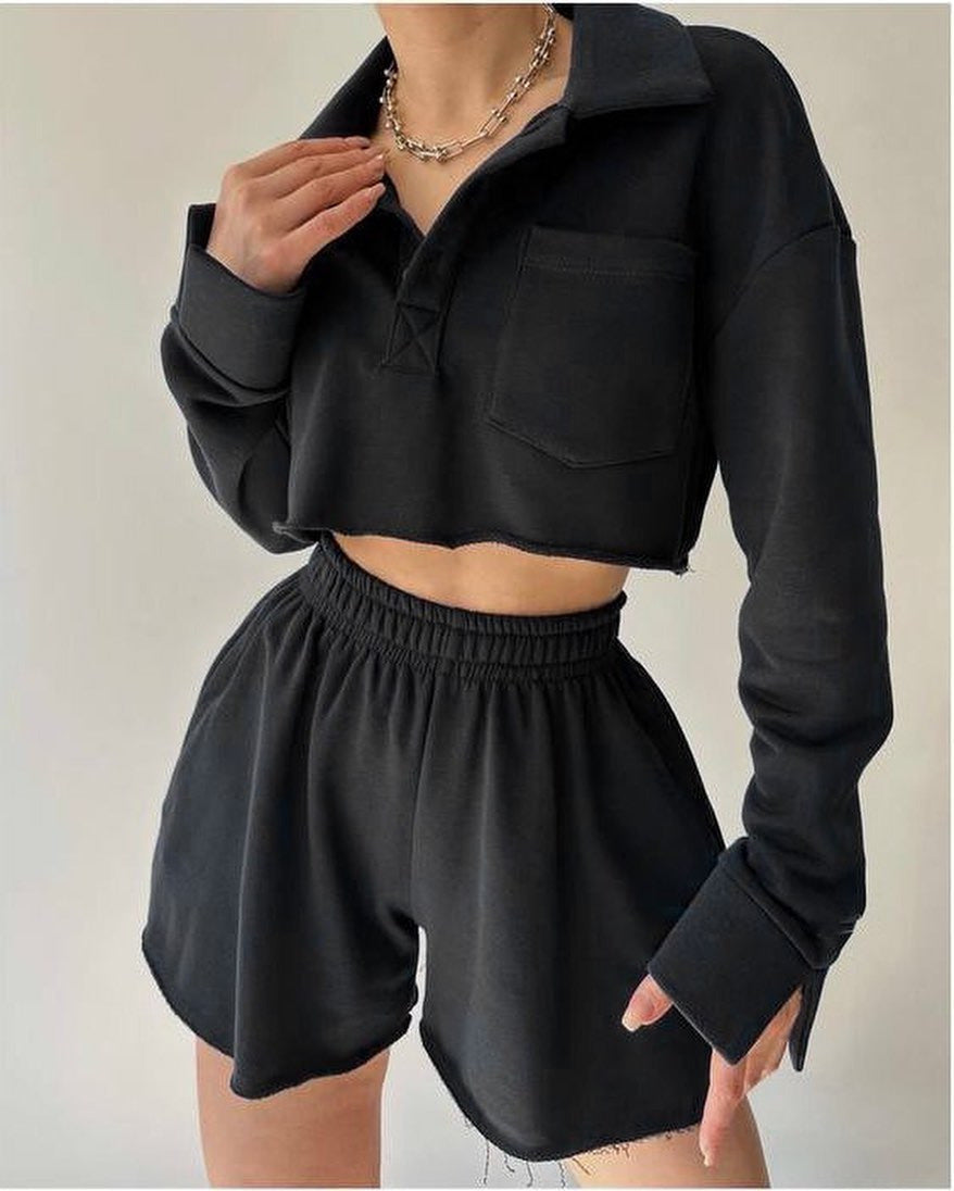 Short Casual Cardigan Top Drawstring Shorts Suit