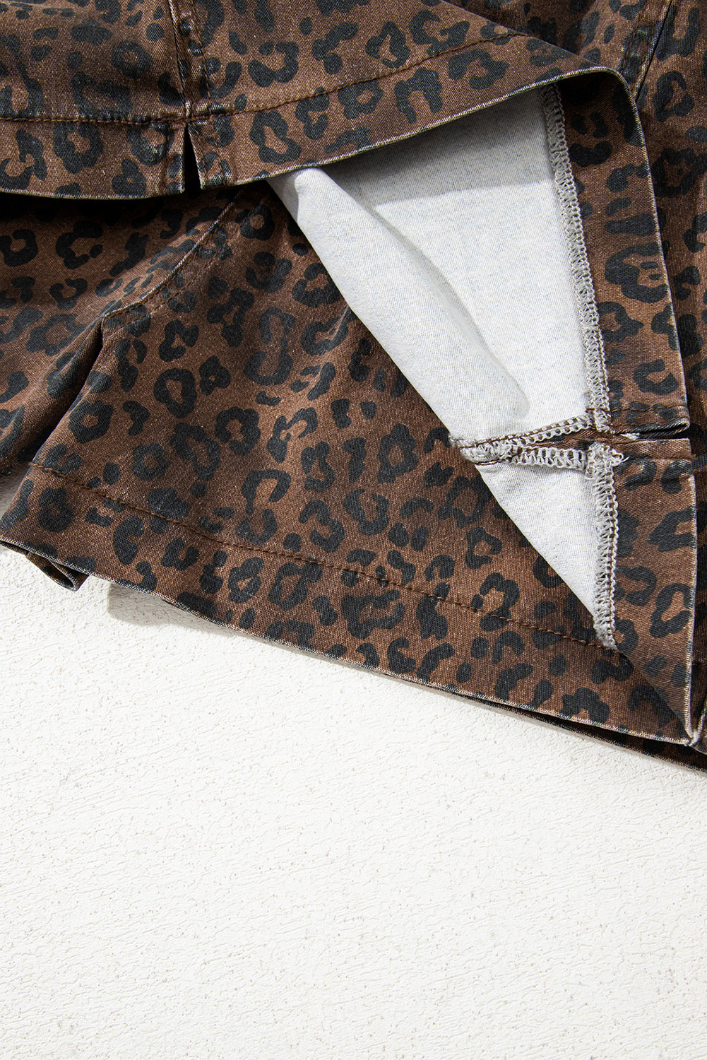 Brown Leopard Print Elastic Waist Drawstring Denim Skort