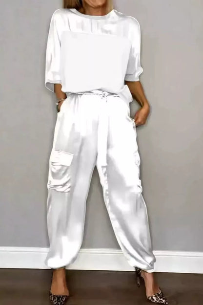 Satin Round Neck Top and Pants Set