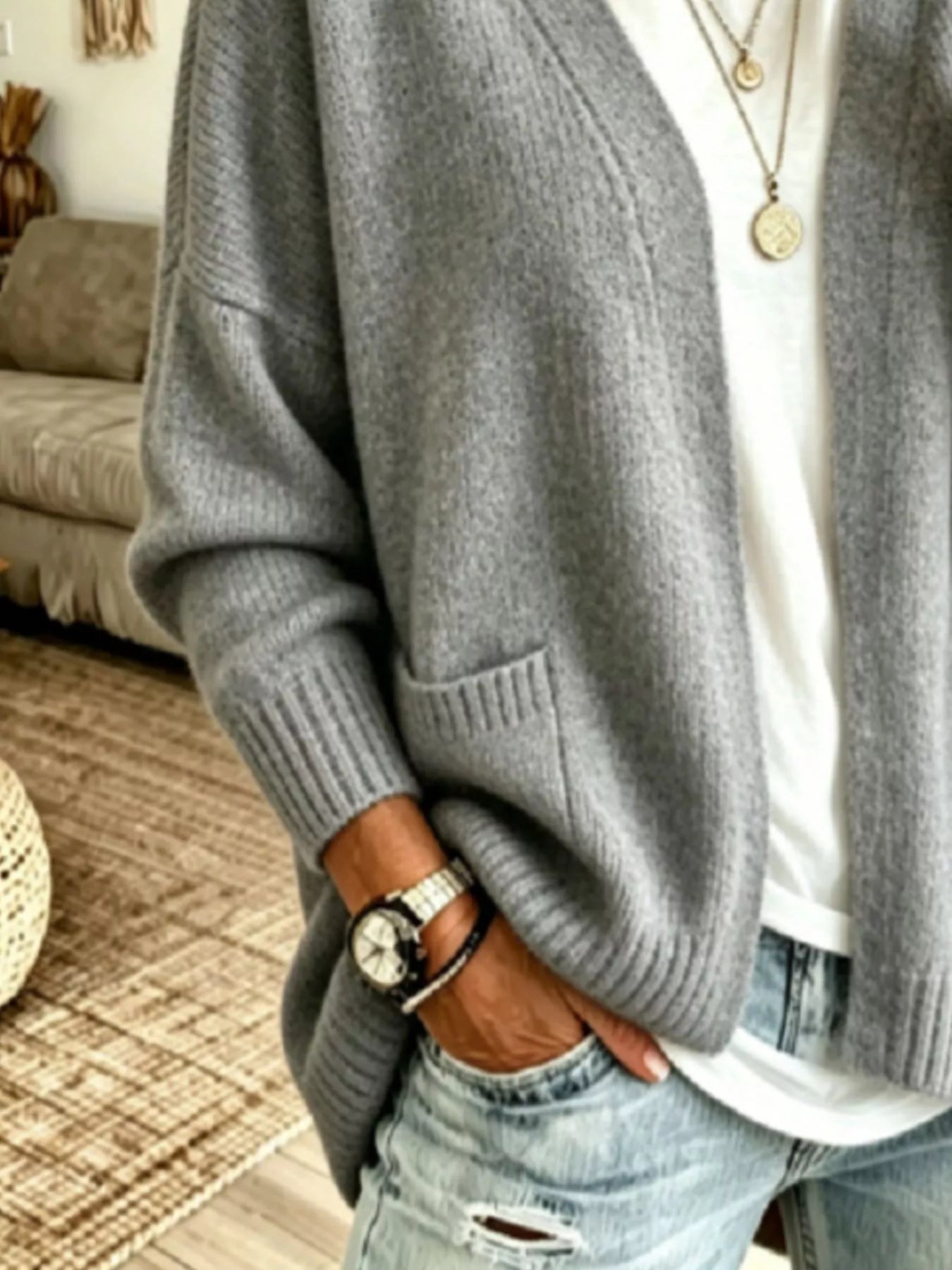 Open Front Knit Cardigan with Pockets