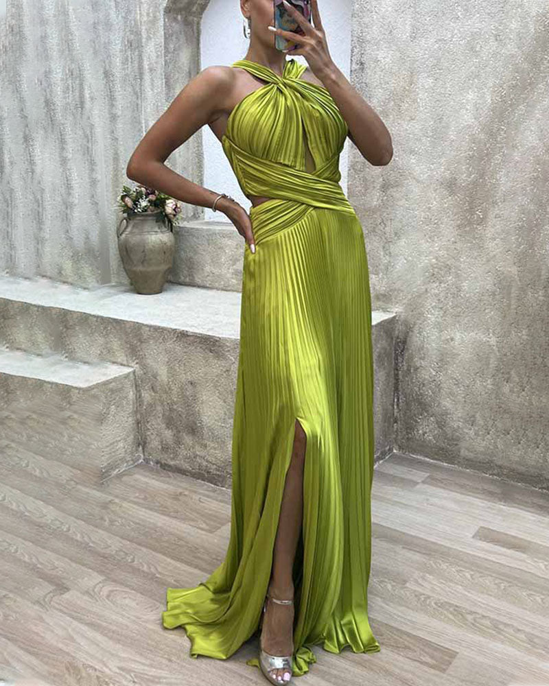 Party pleated halterneck slit dress