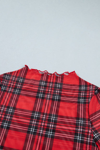 Red Plaid Round Neck Long Sleeve Pullover Top