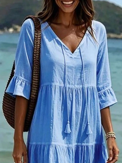 Full Size Tiered Tie Neck Flounce Sleeve Dress Plus Size