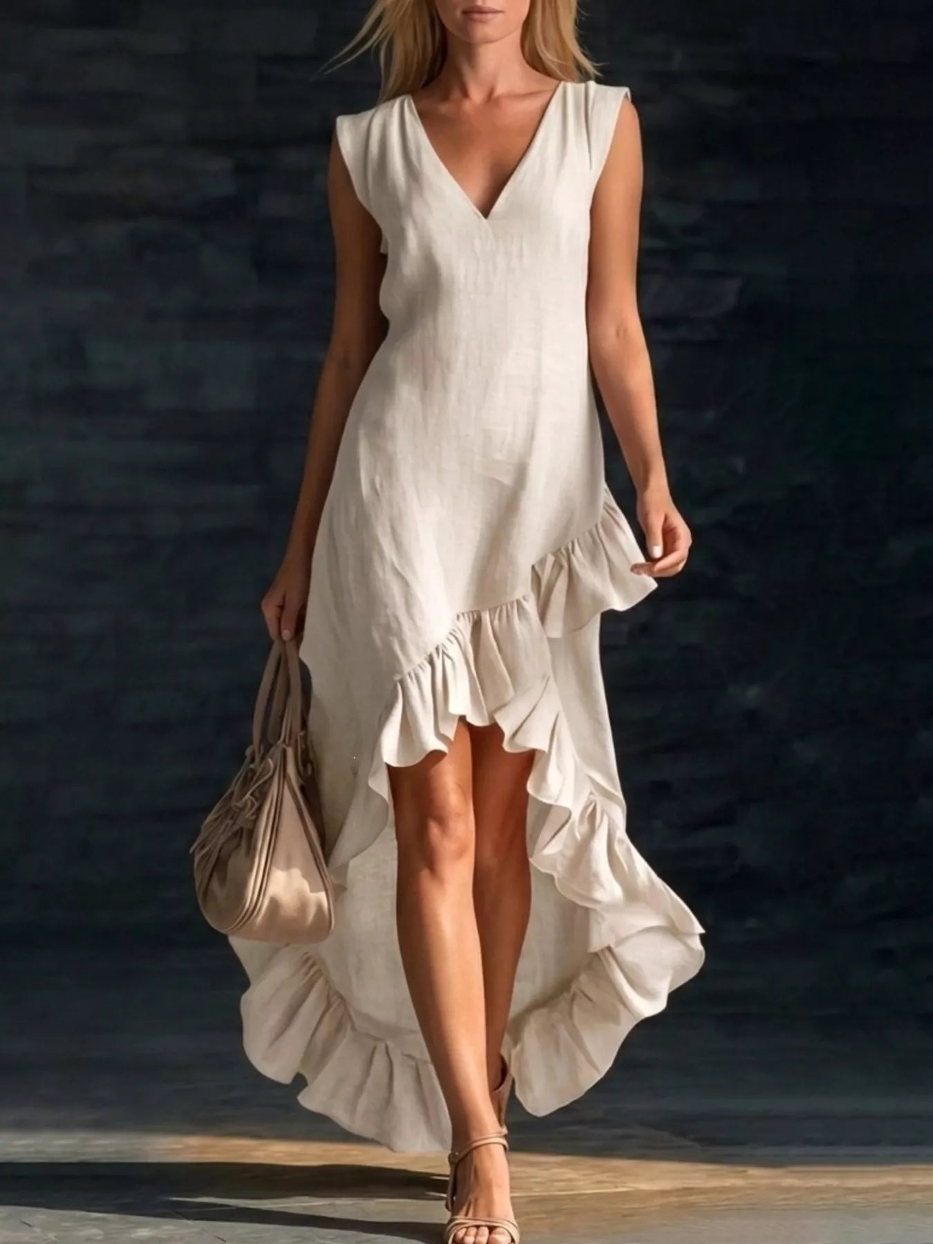 Full Size Ruffled Asymmetrical Hem V-Neck Sleeveless Dress Plus Size