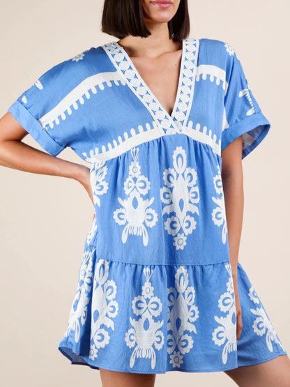 Printed V-Neck Short Sleeve Mini Dress