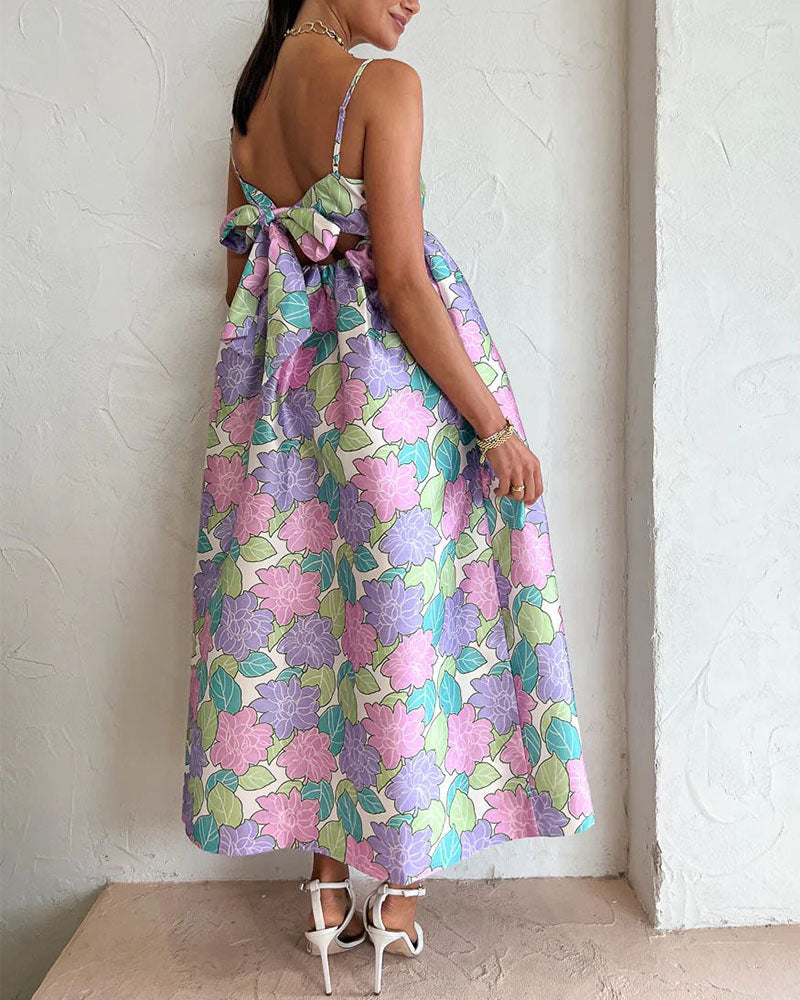 Temperament printed suspenders open back large swing dress