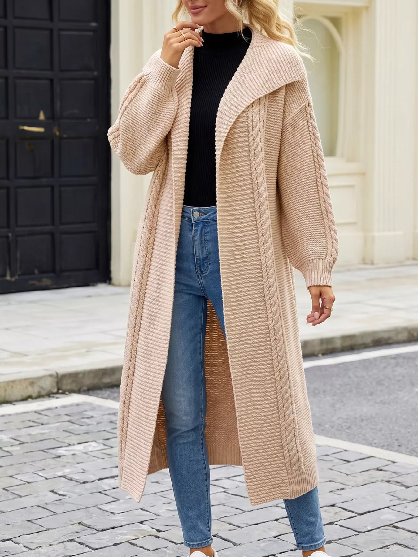 Cable-Knit Open-Front Longline Cardigan