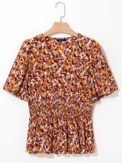 Abstract Print V Neck Smocked Babydoll Blouse