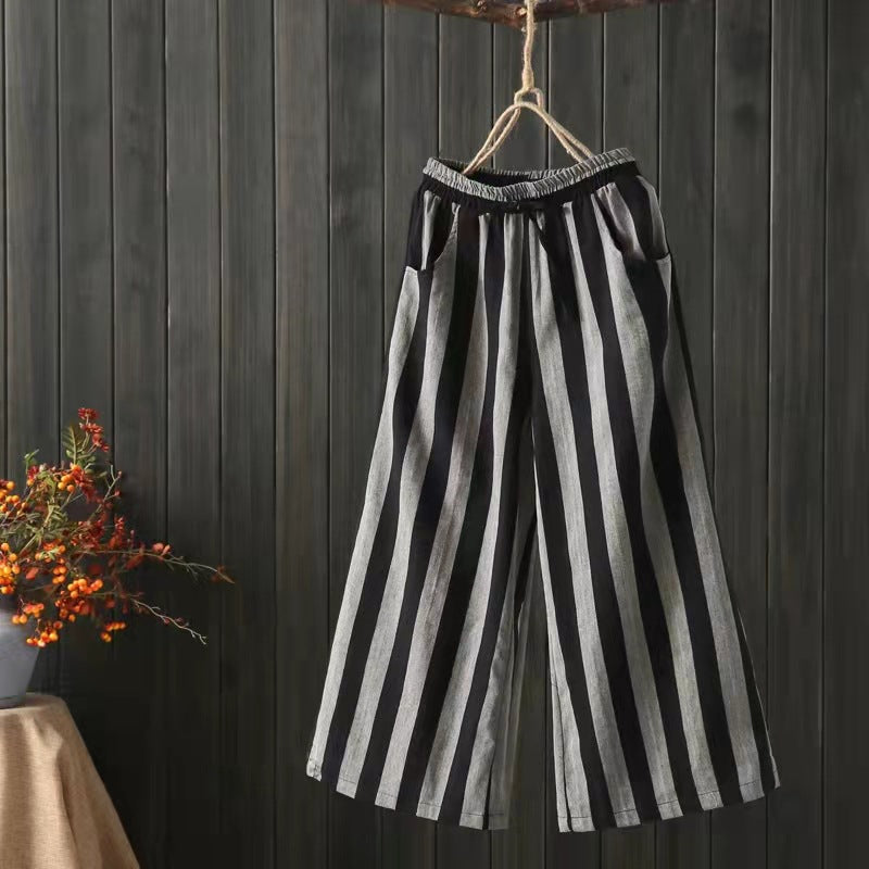 Retro Artistic Cotton Linen Striped Casual Pants