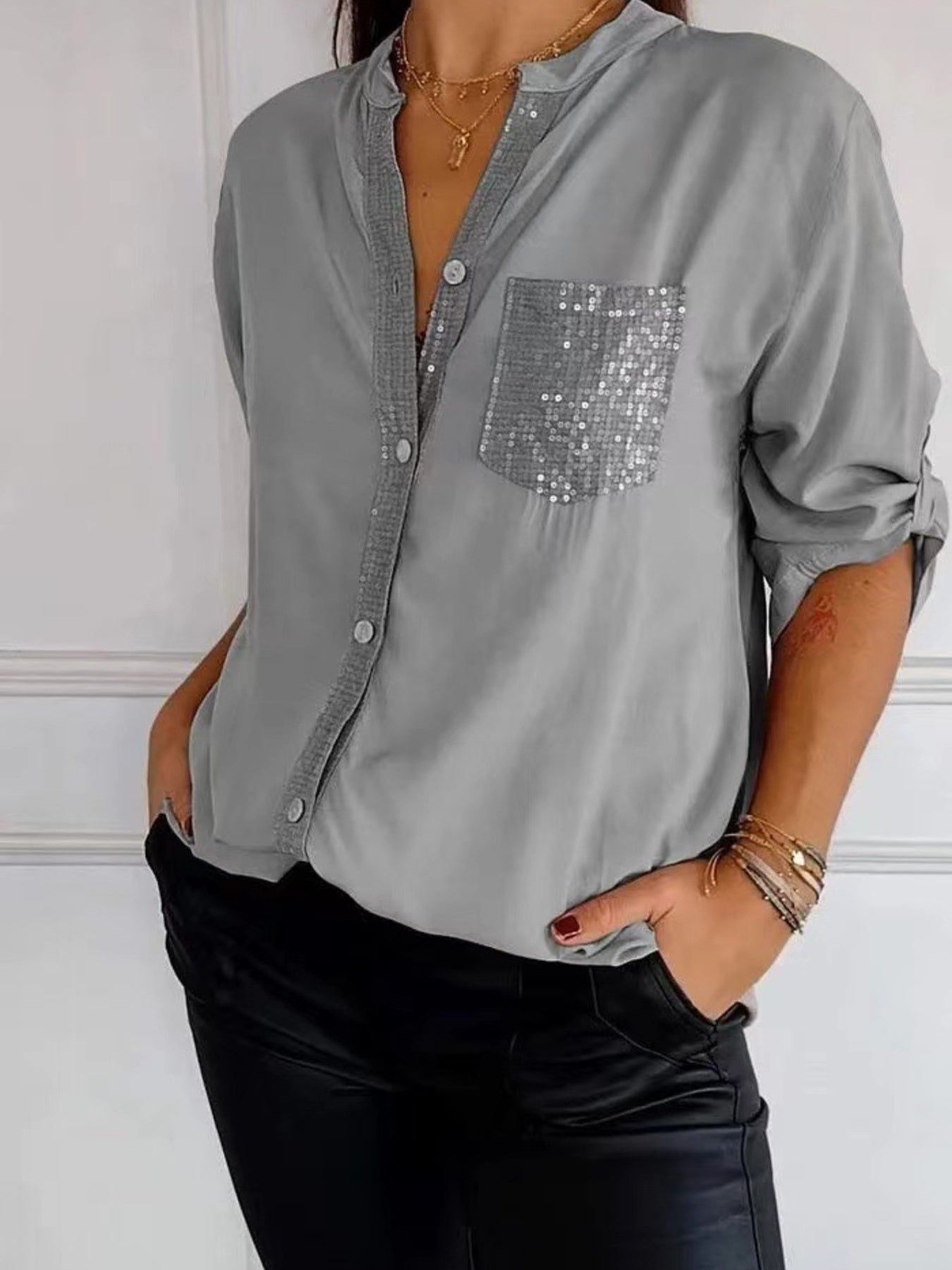 Full Size Sequin Detail Button-Down Shirt Plus Size