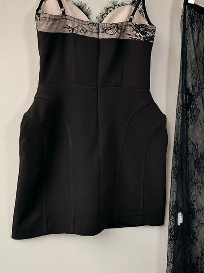 Lace Corset Mini Dress Set with Sheer Overlay