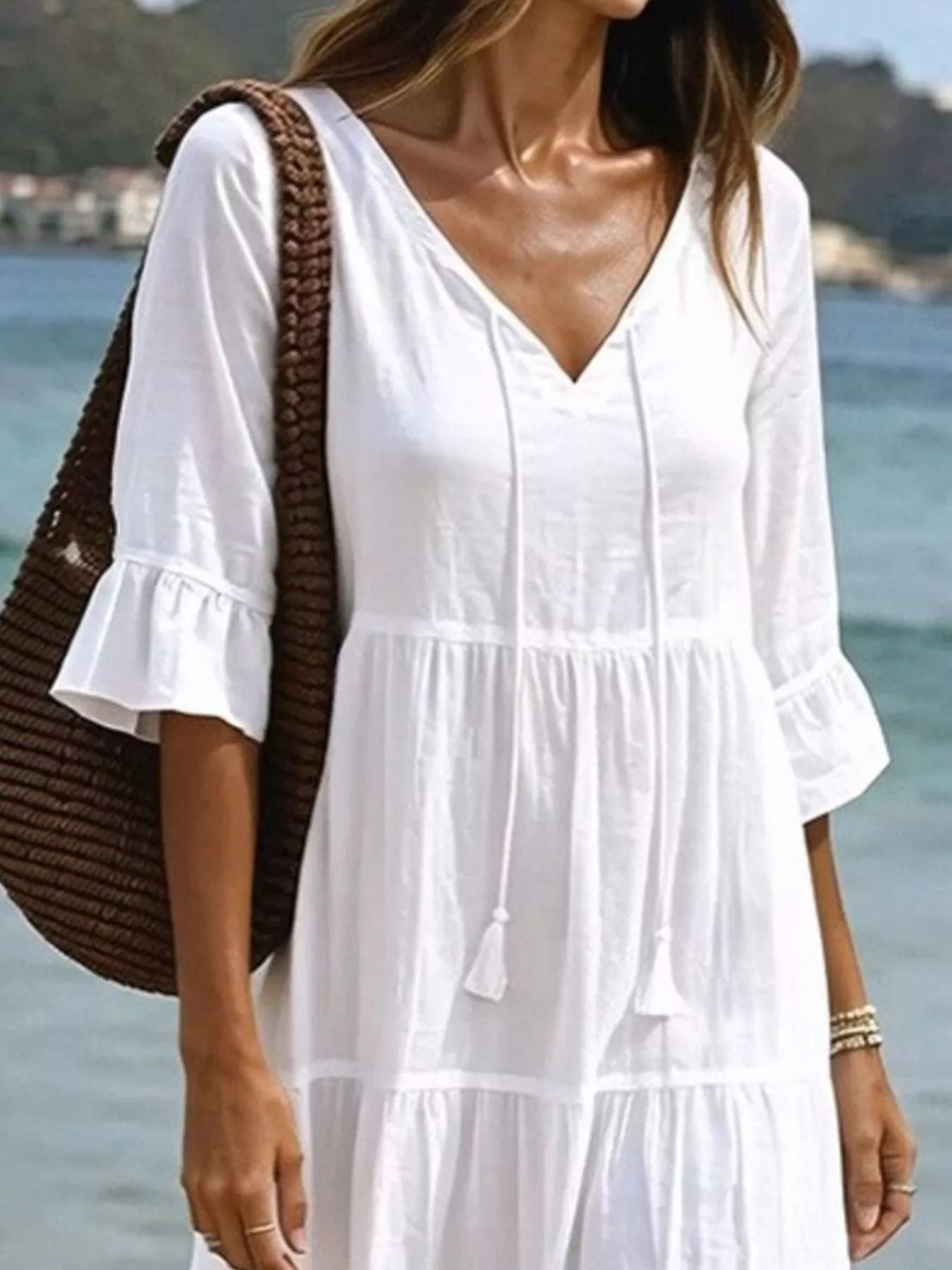 Full Size Tiered Tie Neck Flounce Sleeve Dress Plus Size