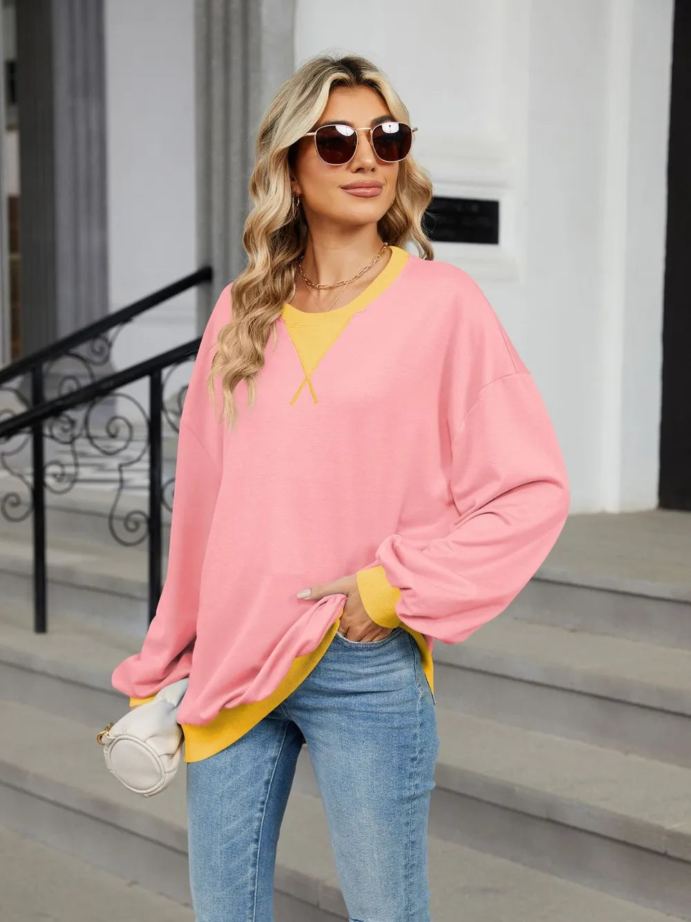 Contrast Round Neck Long Sleeve Sweatshirt