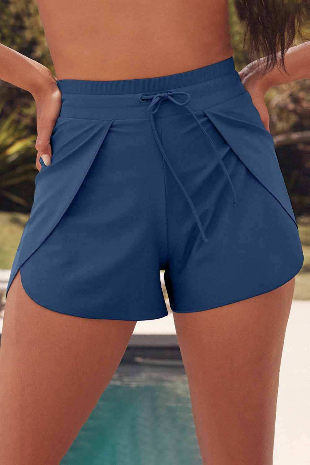 Black Solid Color 2-in-1 Drawstring Elastic Waist Swim Shorts